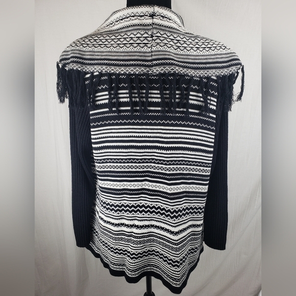Peck & Peck Collection Black and White Fringed Collared Open Front Cardigan Sz L - Picture 5 of 10